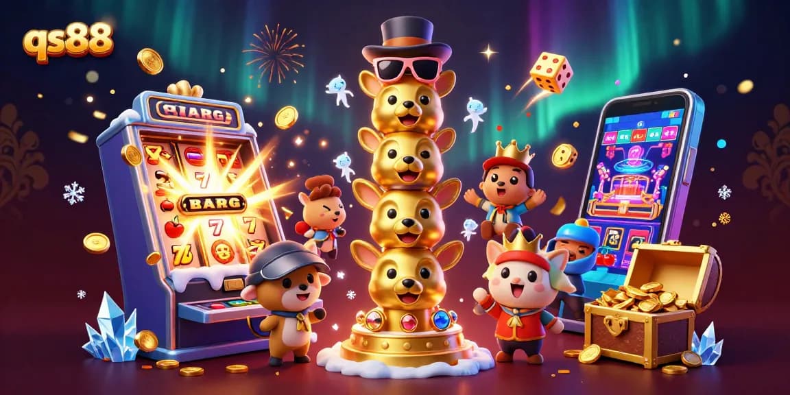 Engage with qs88's exciting casino journey featuring a golden totem, jackpot slots, and vibrant game elements.