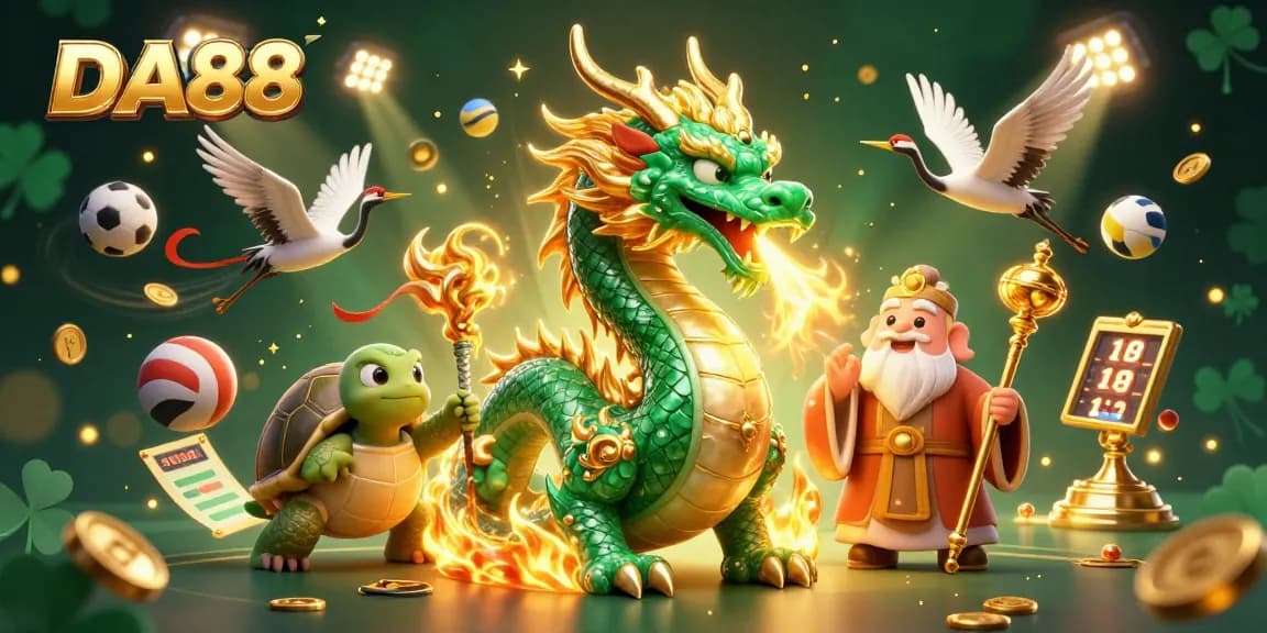 DA88 players immerse in a vibrant 3D illustration featuring a jade dragon and sports elements, elevating their betting experience.
