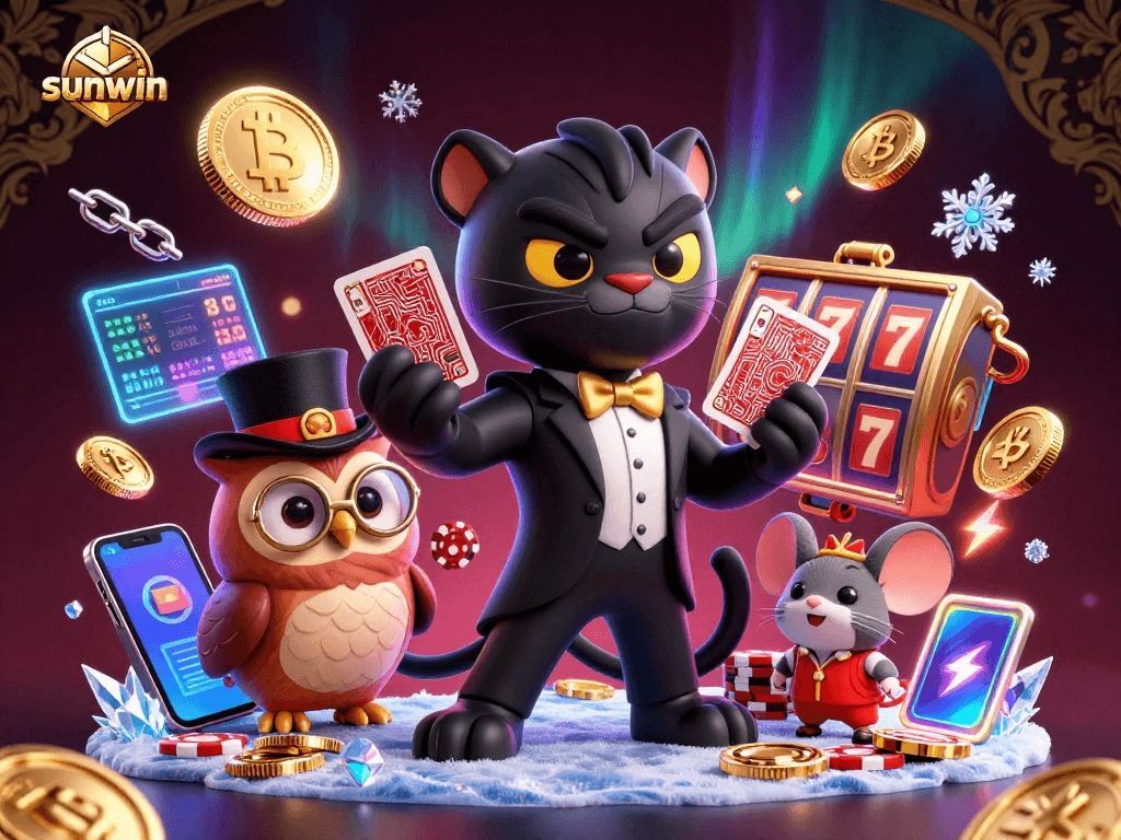 Sunwin casino scene featuring a stylish panther dealer at a vibrant slot machine with neon crypto elements.