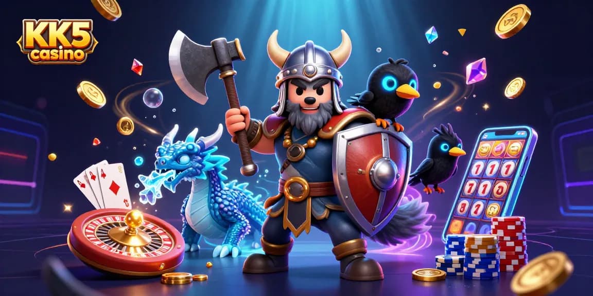 Engage with KK5 casino features in a vibrant 3D scene filled with coins and game elements.