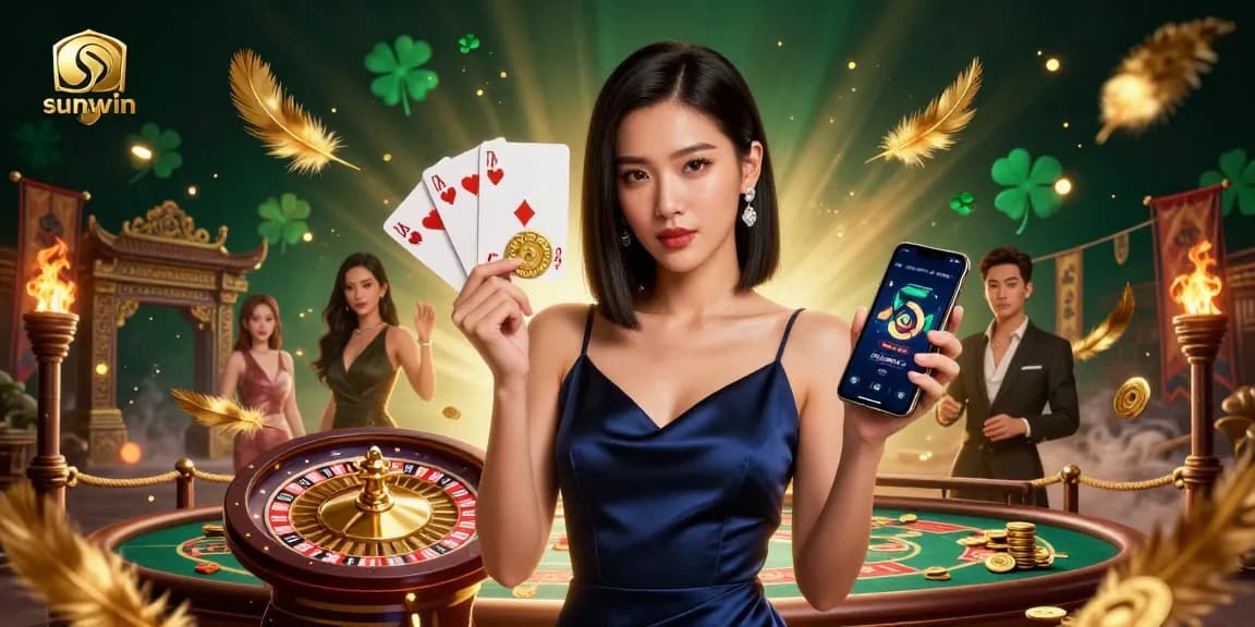 Experience the luxury of sunwin with a stunning Asian woman showcasing casino apps amidst a vibrant 3D gaming world.