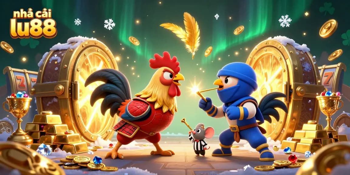 Engage with nhà cái lu88 in a vibrant 3D scene featuring cartoon roosters and treasure.