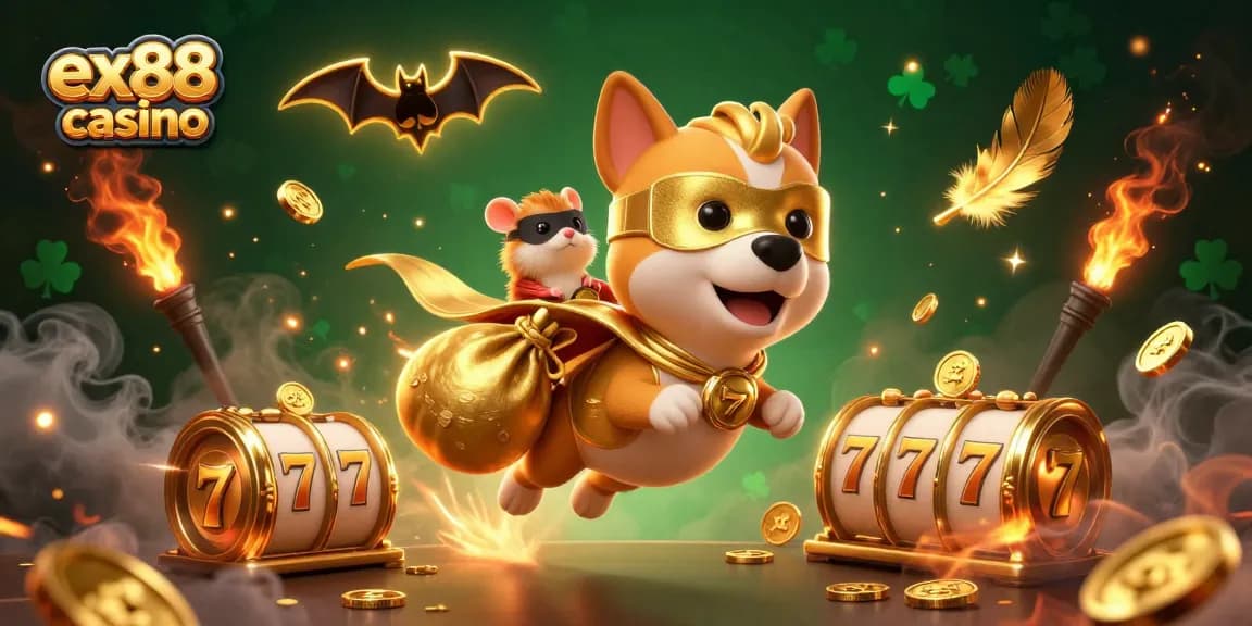 Experience the excitement of ex88 casino with a dynamic 3D illustration of a superhero dog and a hamster amid gold coins and slot symbols.