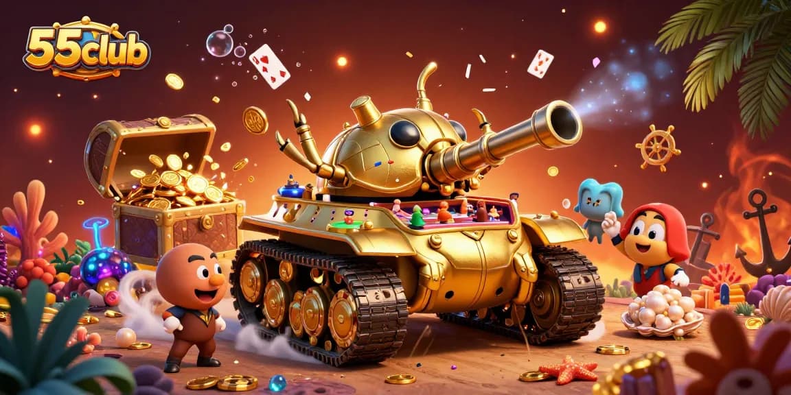 Experience the excitement at 55club with a vibrant casino scene set in a golden beetle tank.
