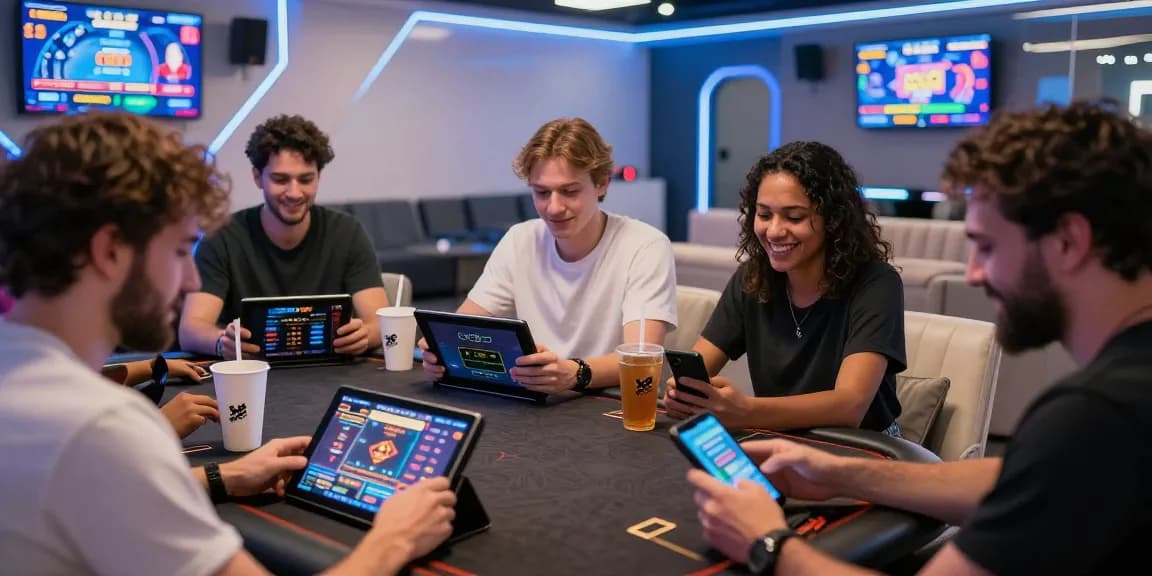 Diverse group playing games on XX88 platform in a modern lounge.