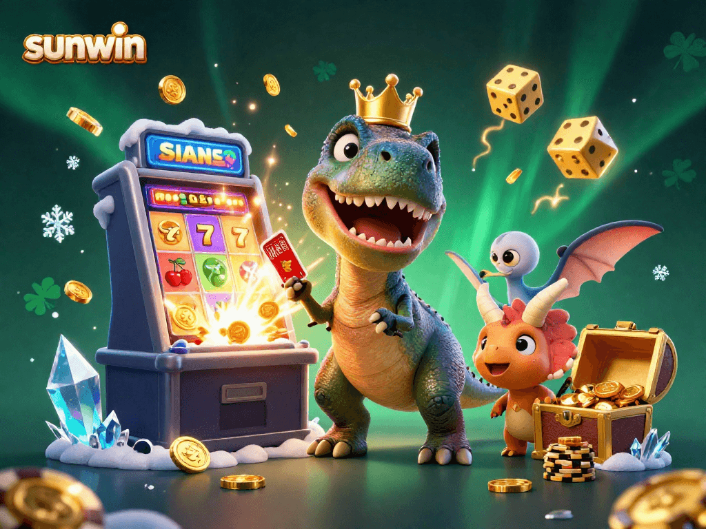 Experience the thrilling sunwin jackpot explosion with a dinosaur-themed casino scene.