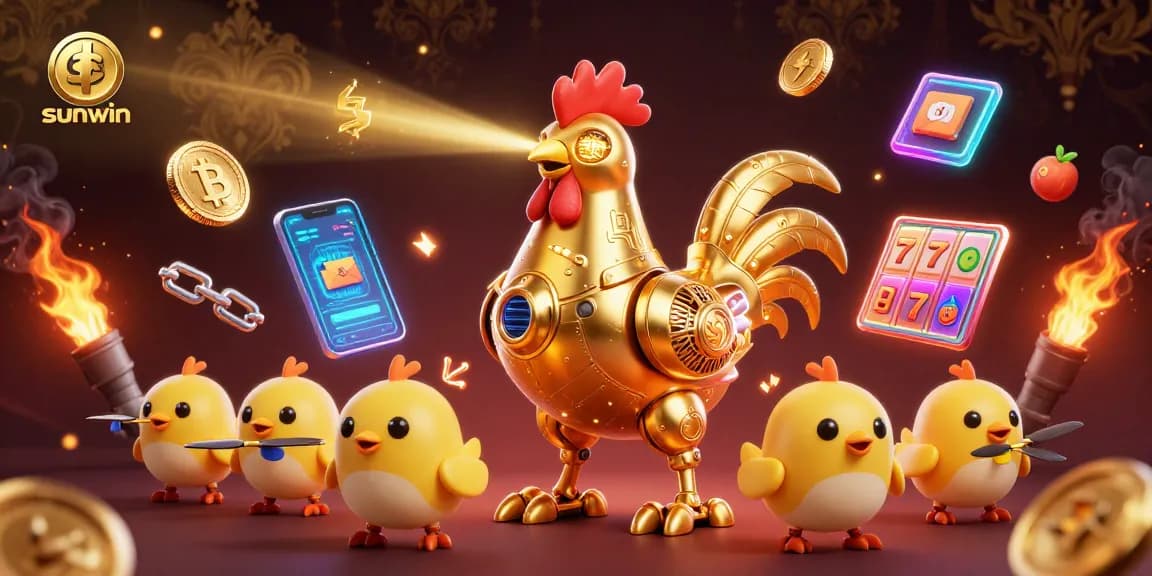 Experience winning strategies with sunwin's golden rooster robot surrounded by dynamic casino elements.