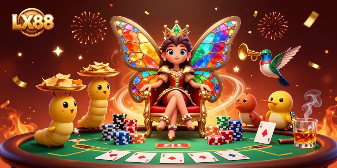 Experience the excitement at LX88 with vibrant casino-themed illustration and characters.
