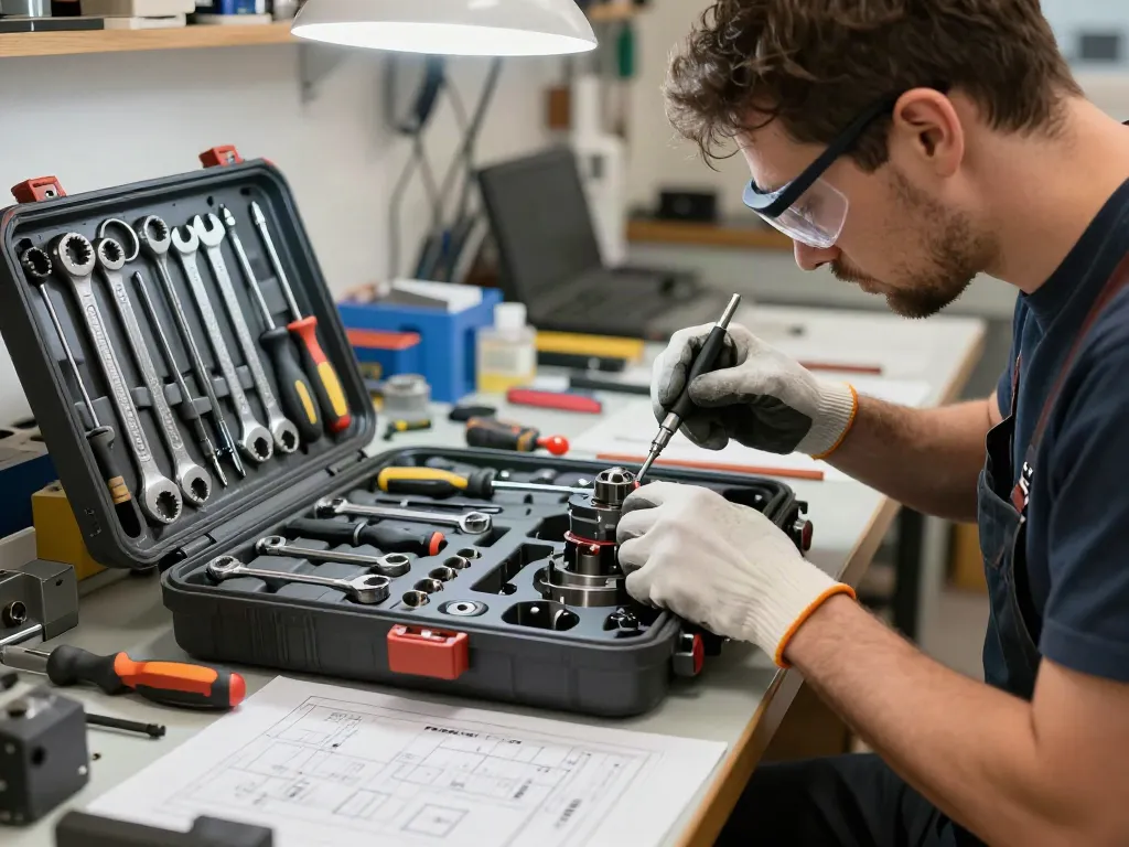 Professionista utilizza beta tools per assemblare macchinari in un'officina luminosa