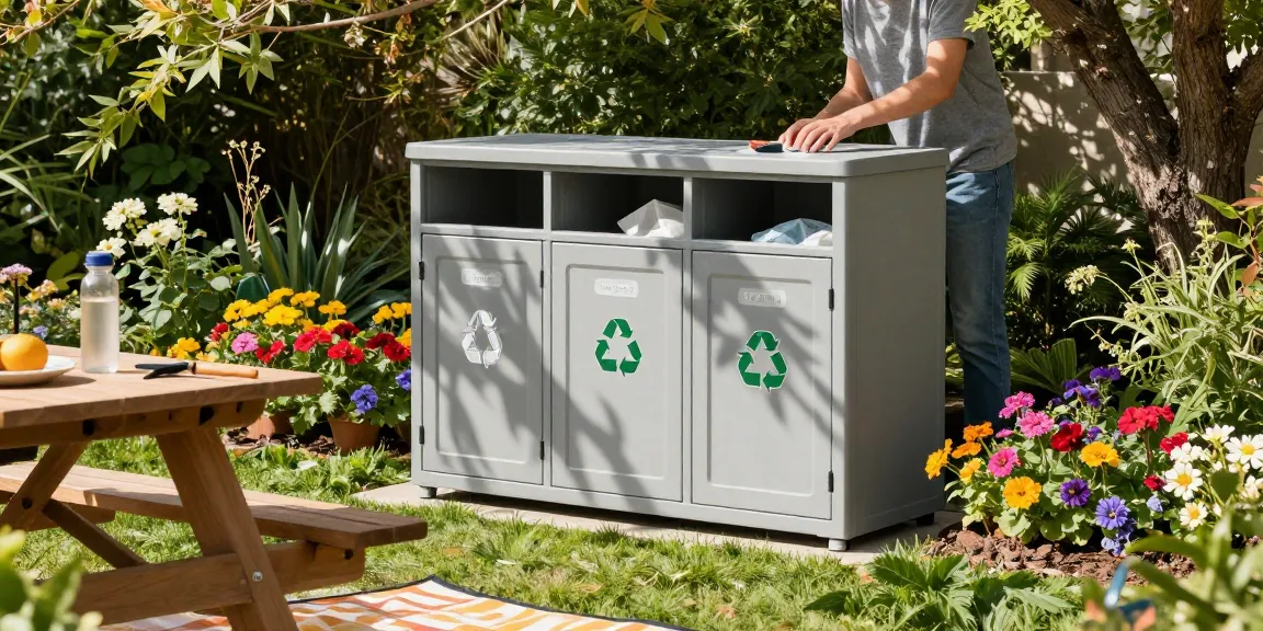 Organizzazione dei materiali riciclabili nel terry ecocab 3 in un giardino soleggiato.