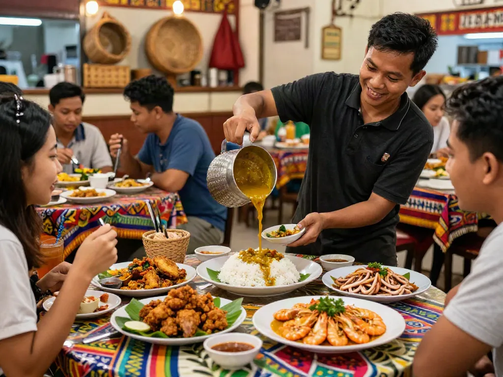 Experience authentic nasi kandar with rokok88 login, featuring vibrant dishes and a cheerful vendor.