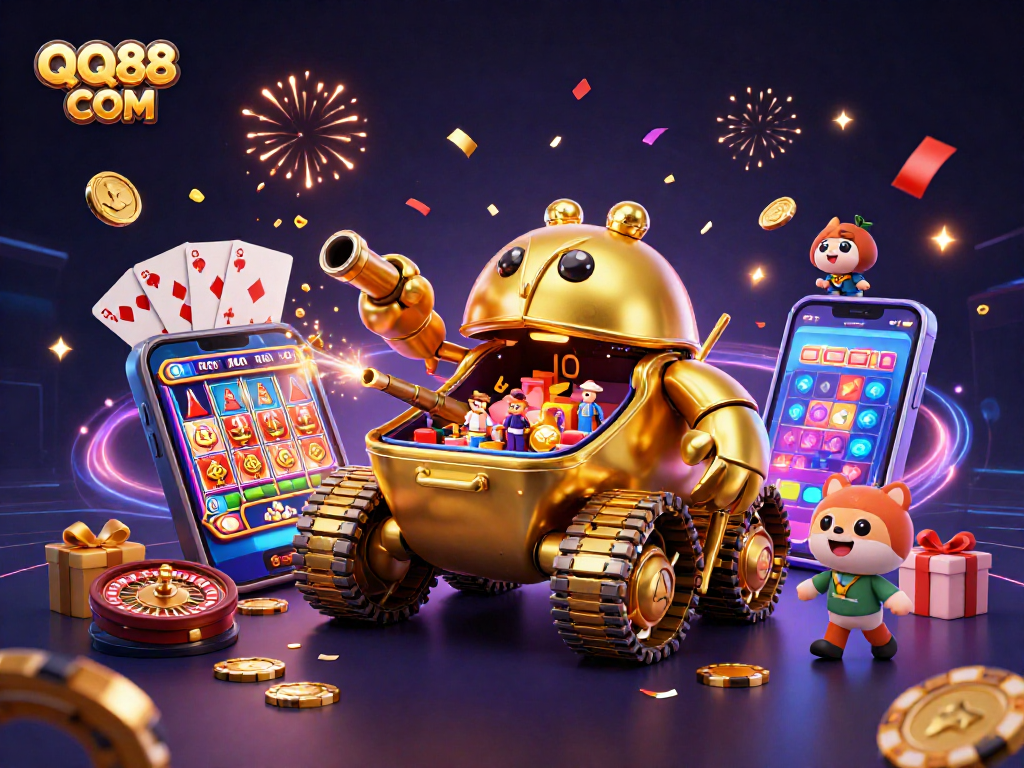 Engage with QQ88 COM gaming experience featuring vibrant casino elements and dynamic slot game bursting with excitement.