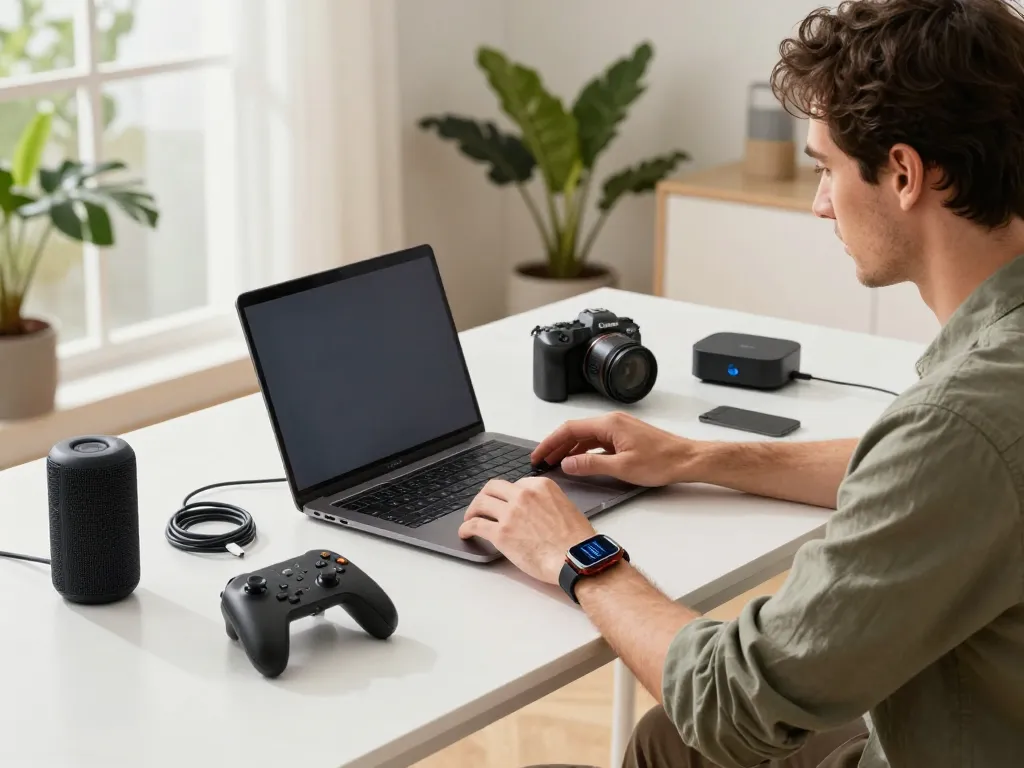 Explore the best tech gadgets for men in a modern workspace with Bluetooth devices highlights.