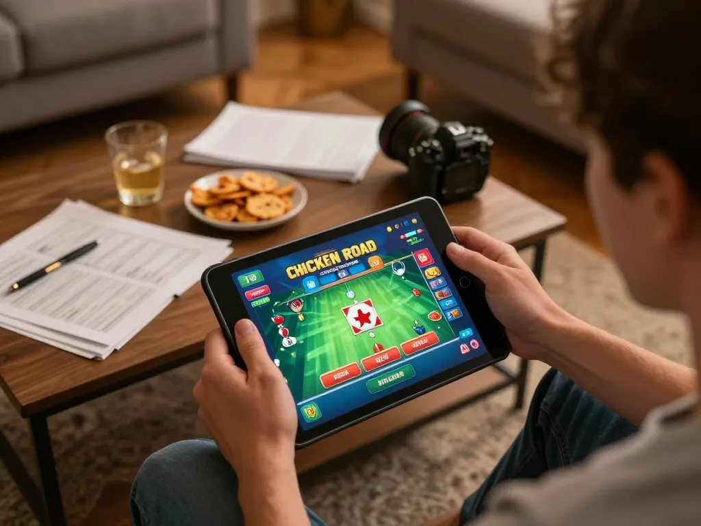 Persona che gioca a recensioni di Chicken Road Casino su un tablet in un'accogliente ambientazione domestica con appunti strategici