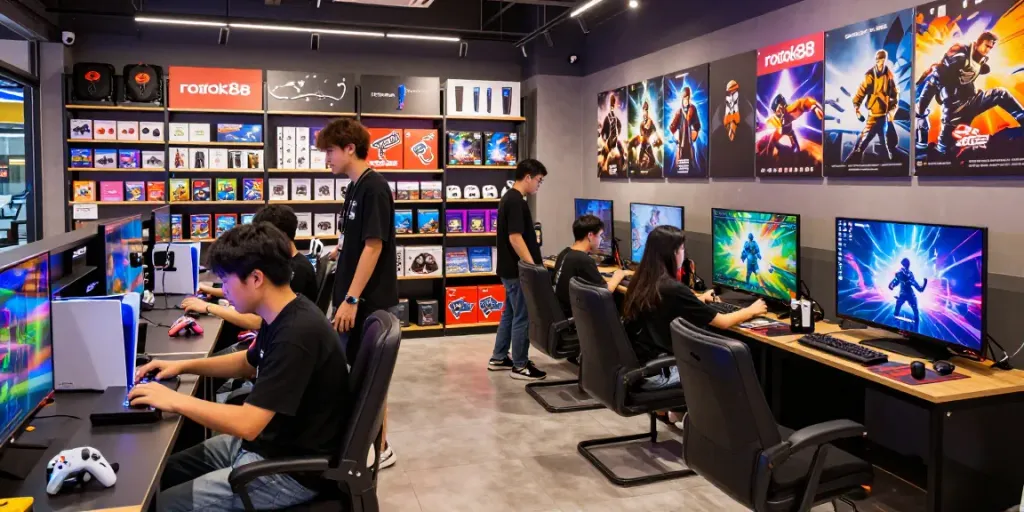 rokok88 gaming store bustling with gamers exploring PlayStation and Xbox consoles