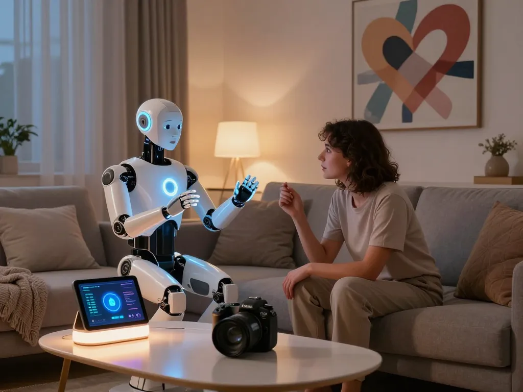 Couple interacting with a sex bot in a modern living space, showcasing advanced AI companionship.
