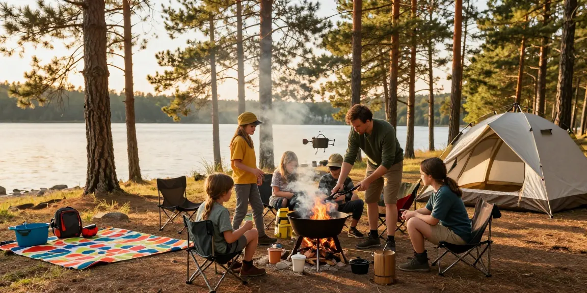 Campfire cooking with rokok88 login gear and family enjoying outdoor adventure.