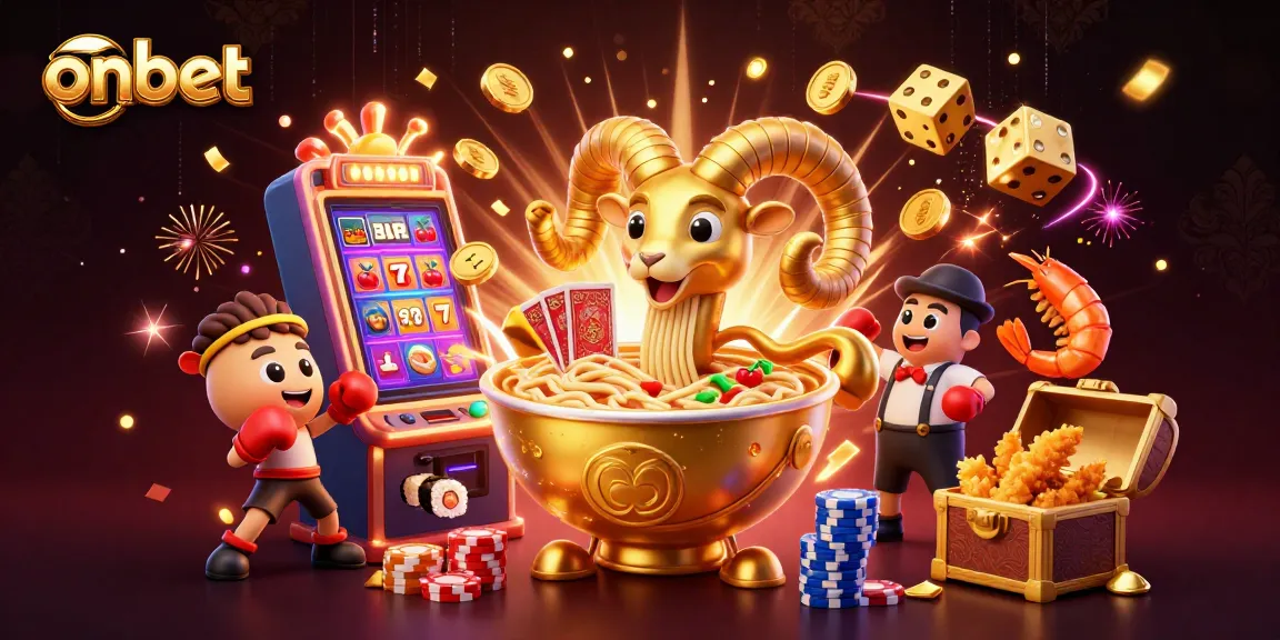 Experience the vibrant action of onbet with a golden ramen bowl, dynamic casino games, and dazzling elements.