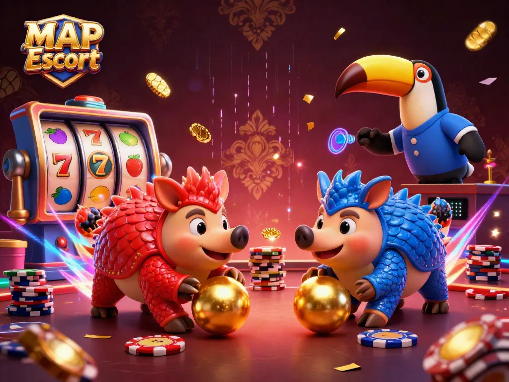 Engage in thrilling MAP Escort adventures with rival pangolins, dynamic slot reels, and vibrant casino action.