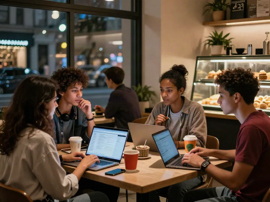Group engaged in conversation at rokok88 login coffee shop, showcasing urban nightlife.
