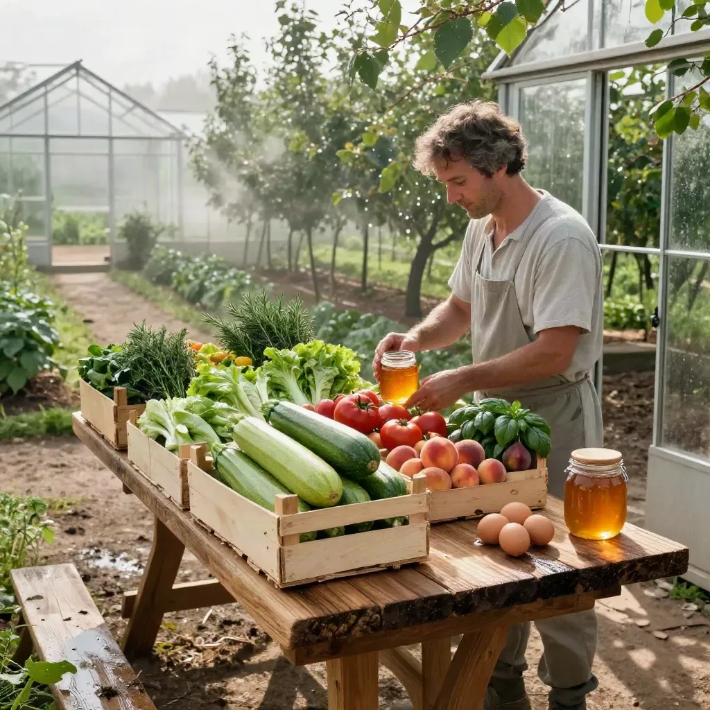 Cassetta di raccolta con ortaggi, frutta, erbe, uova e miele all’alba tra serra e filari.