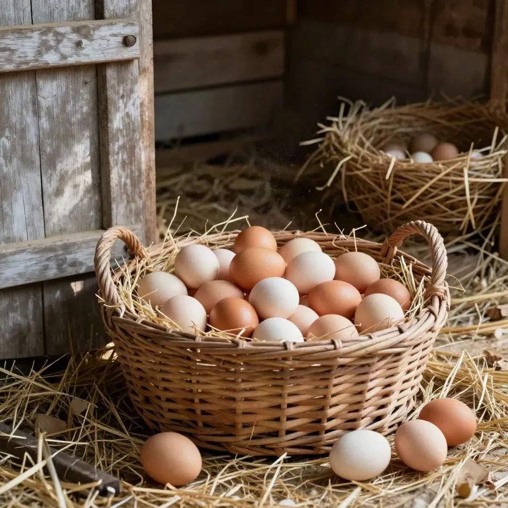 Cestino intrecciato con uova marroni e crema sulla soglia del pollaio, luce mattutina calda.