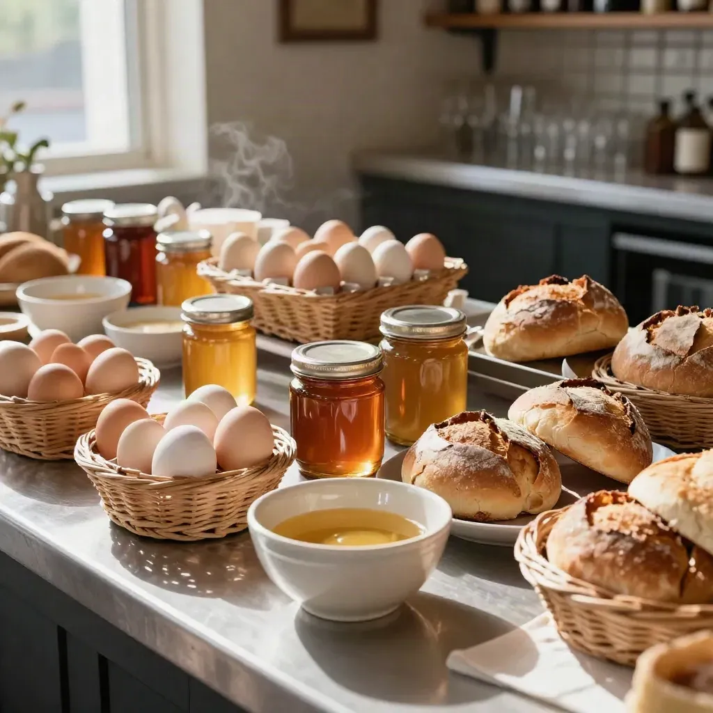 Banco colazione con uova, miele e pane rustico pronto per l’apertura di un bar locale