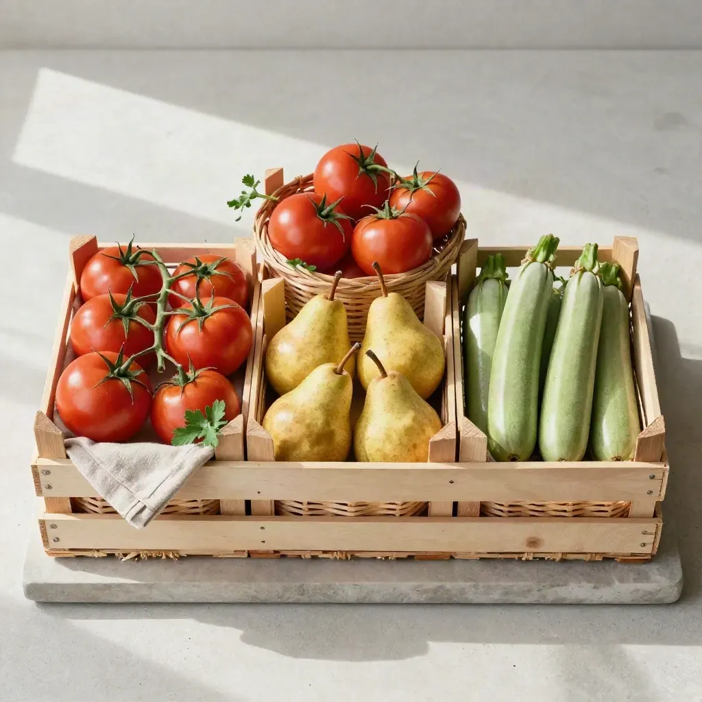 Tre cassette di stagione con pomodori, pere e zucchine su vassoio in pietra, vista dall'alto.