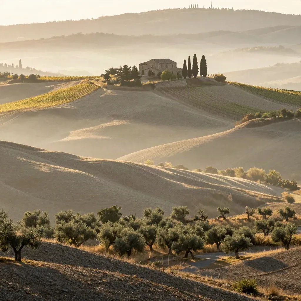 Colline del Chianti all’alba con fattoria in pietra e cipressi nella foschia.
