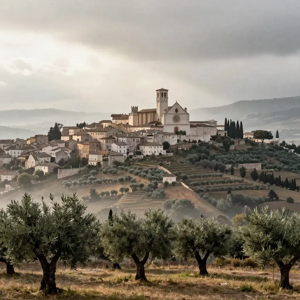 Assisi su una collina tra ulivi e cipressi, valle immersa nella nebbia dopo un acquazzone.