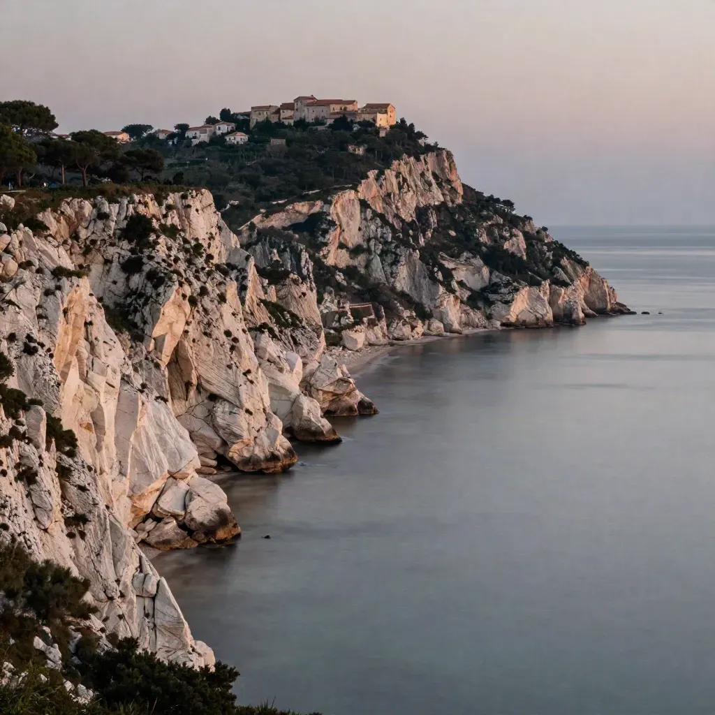 Conero al tramonto con falesie chiare, borgo in alto e mare calmo nella foschia.