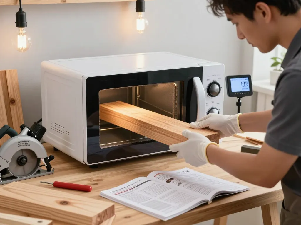 Professionista che utilizza un microonde antitarlo per un trattamento efficace del legno.