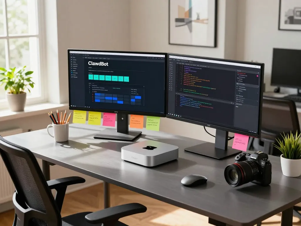 Efficient workspace with Mac Mini and dual monitors showcasing ClawdBot, inspiring tech environment.