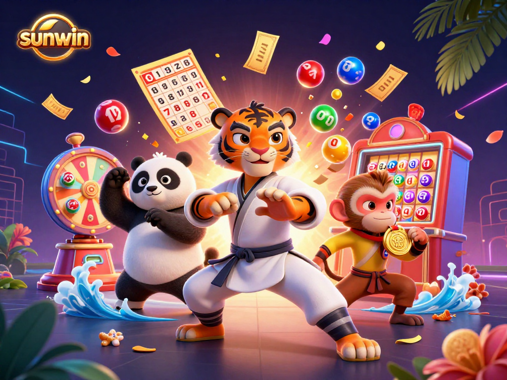 Sunwin presents a vibrant 3D casino scene with a kung fu tiger and lottery action.