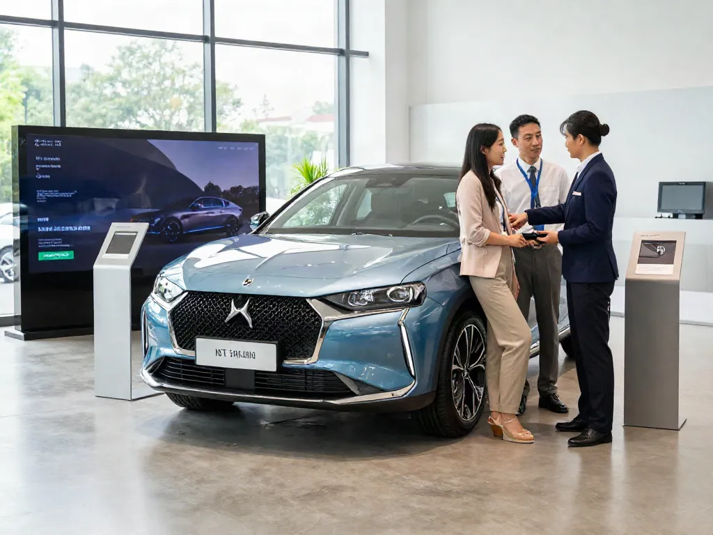 Noleggio lungo termine DS in un'auto di lusso con un venditore che spiega le opzioni di leasing.