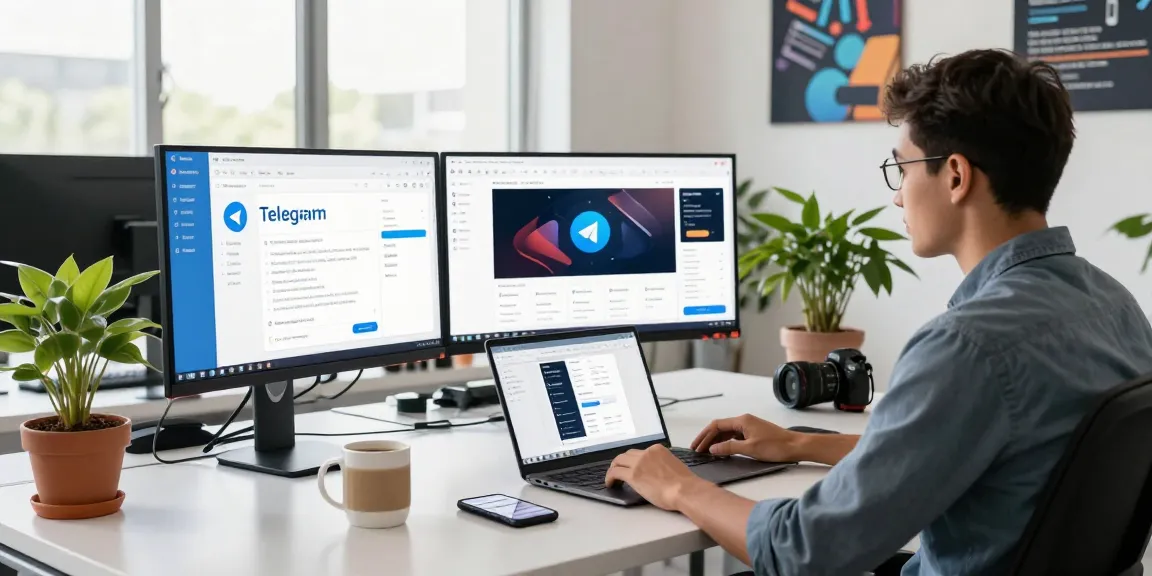 Download Telegram on a developer's screen in a modern workspace, showcasing productivity and tech innovation.