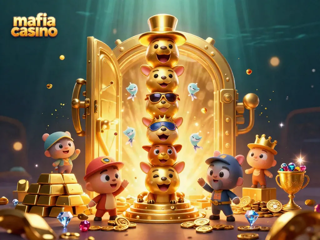 Mafia casino scene with a 3D totem pole, golden treasures, and jewels immersed in a rich casino atmosphere.