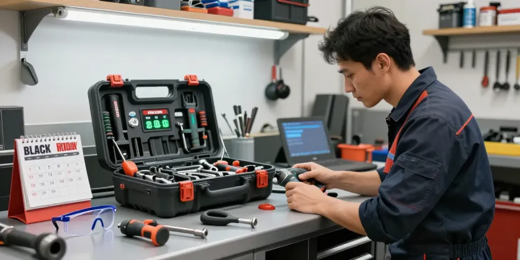 Offerta Black Friday KS Tools con kit utensili professionali in un garage organizzato.