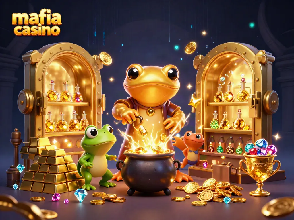 Mafia casino scene featuring a giant golden salamander alchemist surrounded by gold, jewels, and dynamic gaming elements.