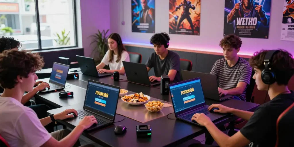 Engaging gaming lounge scene with friends using rokok88 slot login on laptops and smartphones.