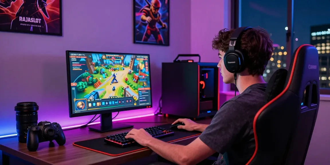 Pengalaman bermain raja88 20 di Rajaslot, pemain fokus pada layar permainan dengan aksesori gaming di sekitarnya.