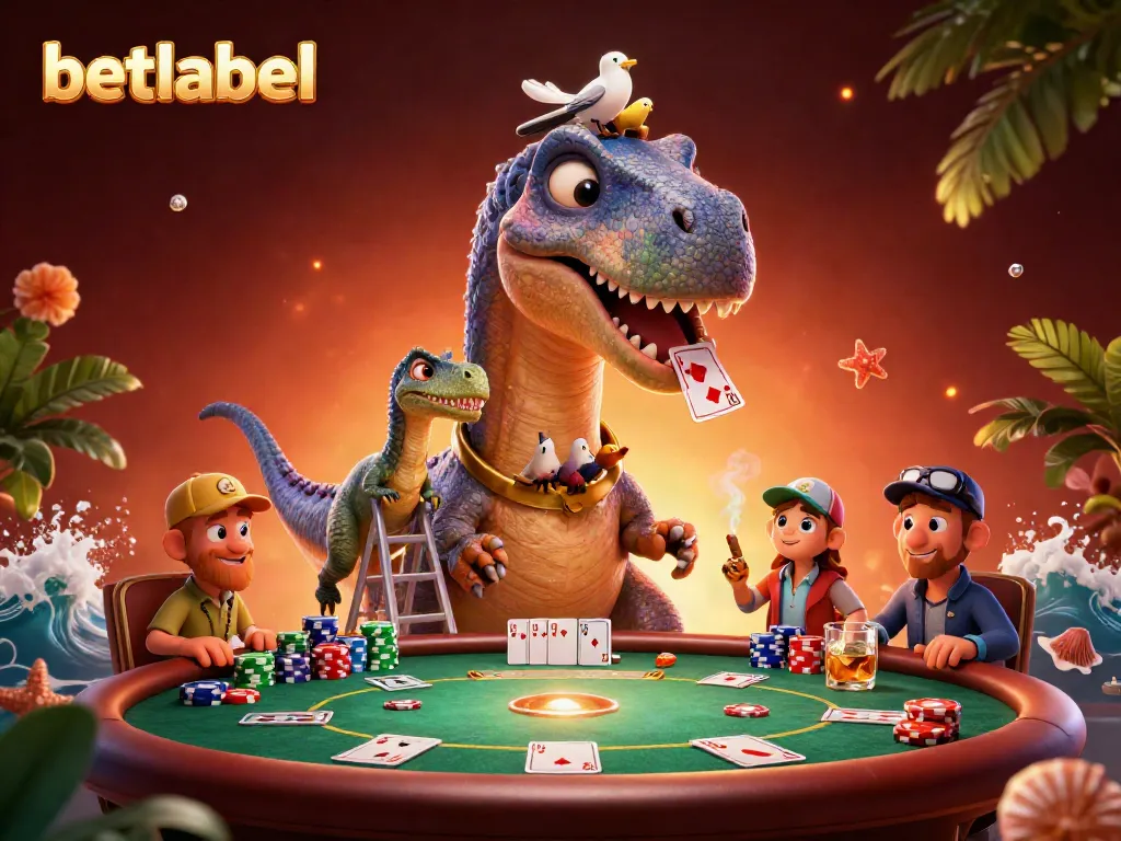 Exciting poker scene featuring BetLabel with a cartoon brontosaurus and clever raptor in a vibrant casino environment.