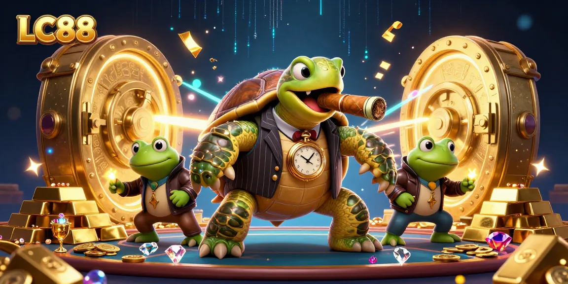 LC88 captures the excitement of gaming with a snapping turtle mobster and frog enforcers in a vibrant casino scene.