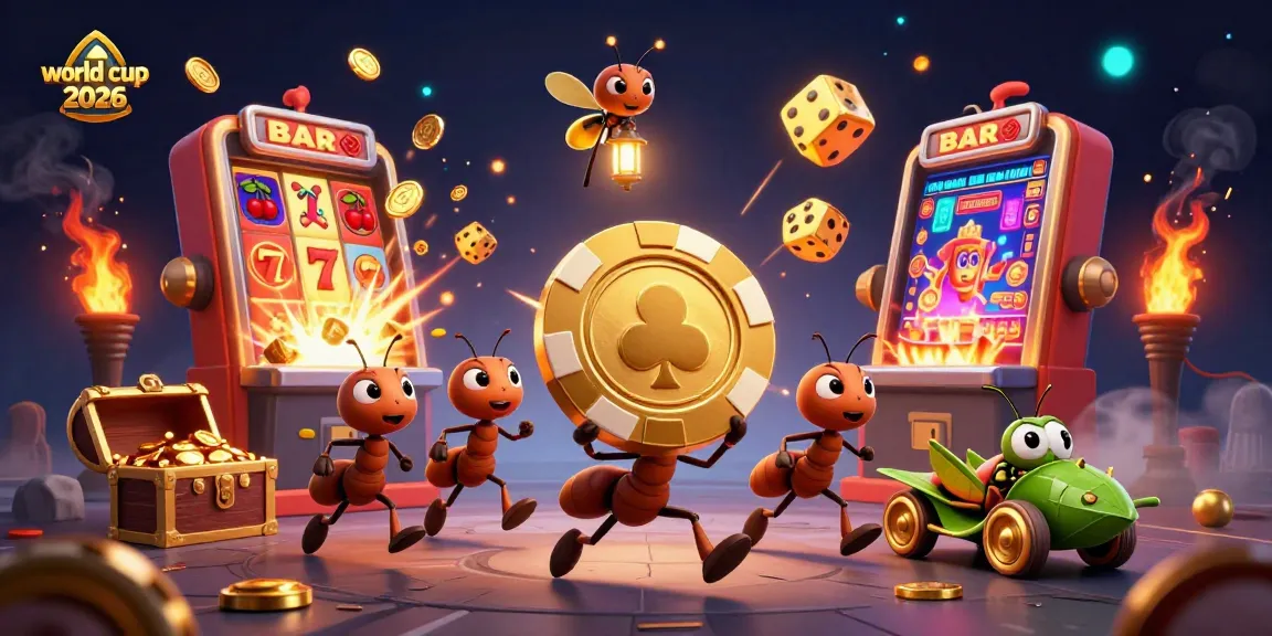 Celebrate the world cup 2026 with dynamic cartoon ants on a gambling adventure, claiming a huge golden poker chip!