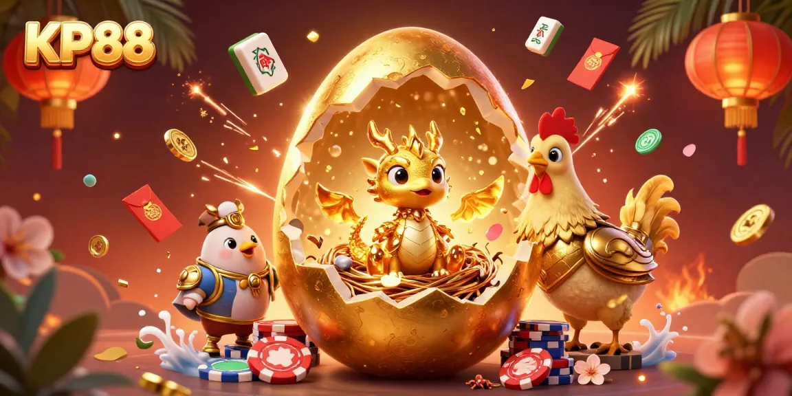 Engage in thrilling wins at KP88 with a golden dragon amidst poker chips and festive elements.