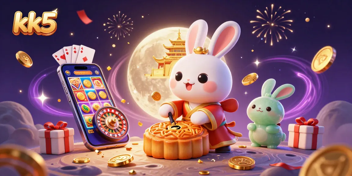 kk5 players enjoy vibrant slots, moon rabbits cracking open golden mooncakes revealing poker chips in a magical casino