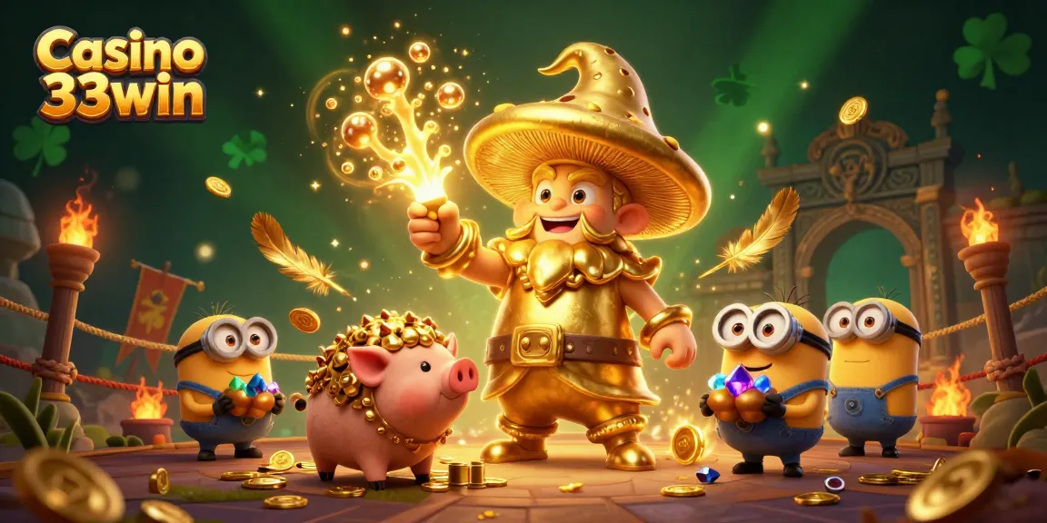 Immerse in the magical world of Casino 33win with a golden mushroom wizard and treasures!