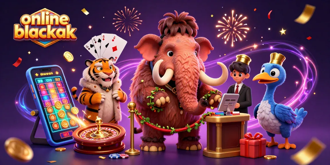 Experience thrilling online blackjack with casino characters in a vibrant 3D scene full of excitement.